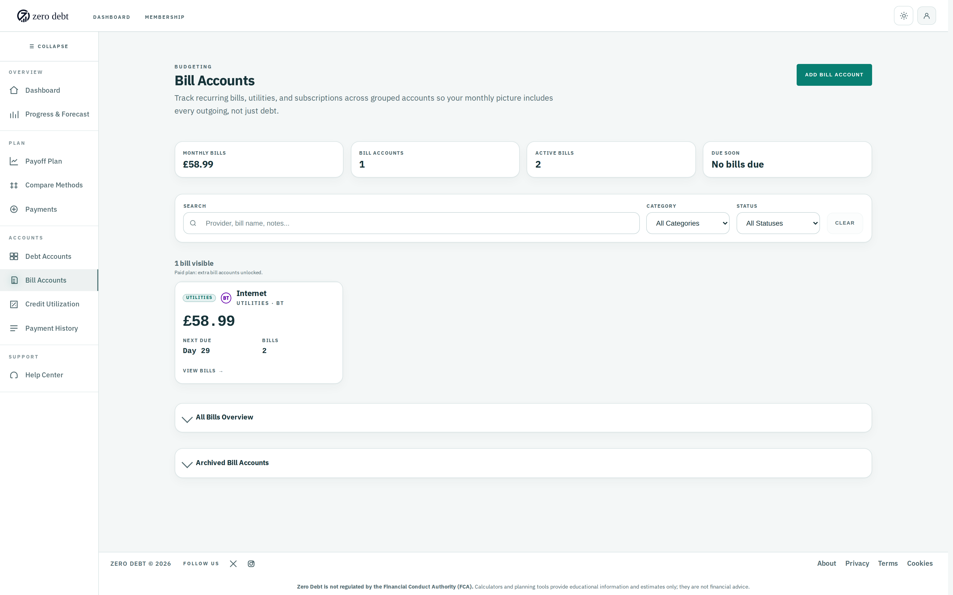 Zero Debt bills workspace showing recurring outgoings and due states