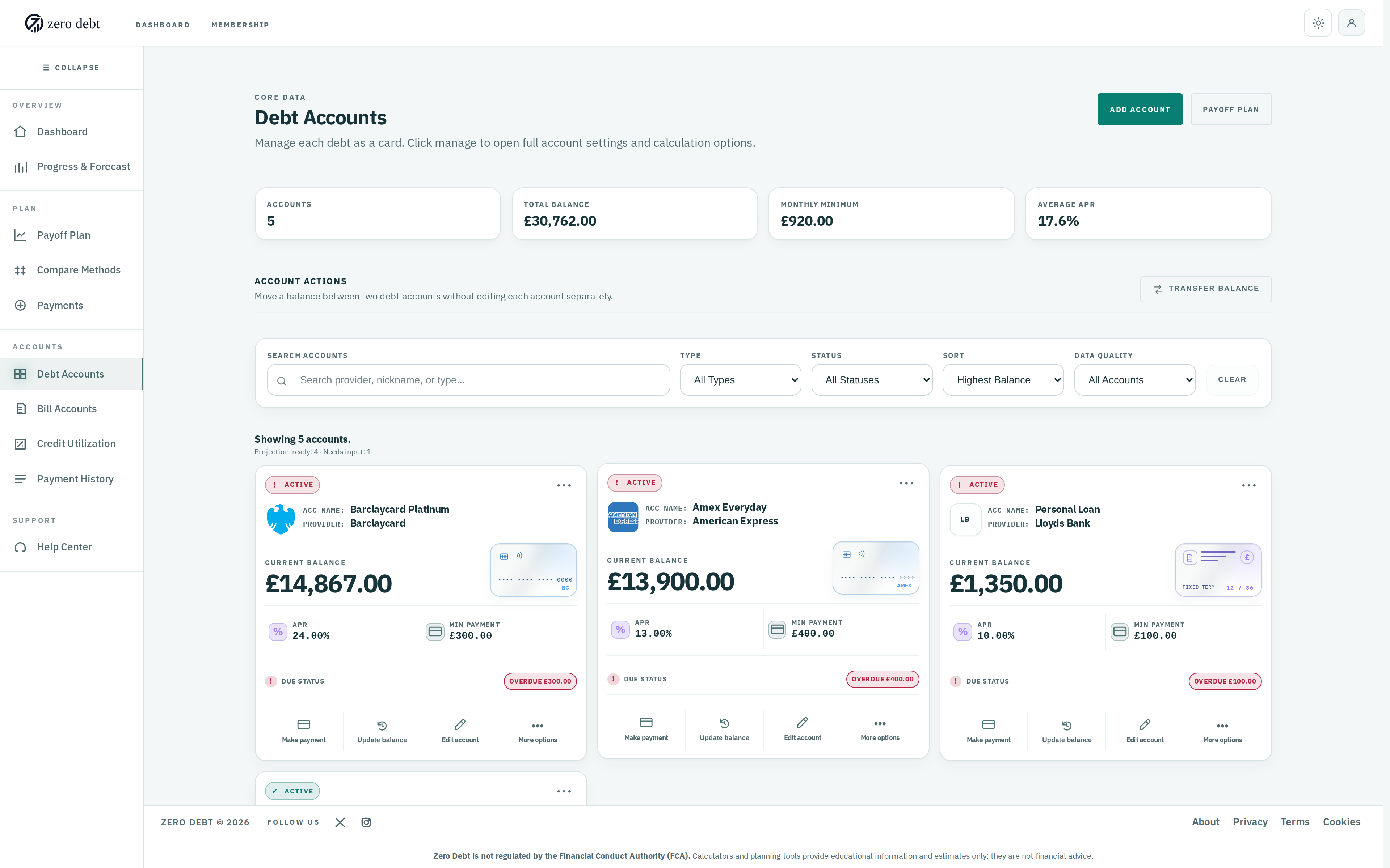 Zero Debt debt accounts workspace showing account balances, rates, and due dates