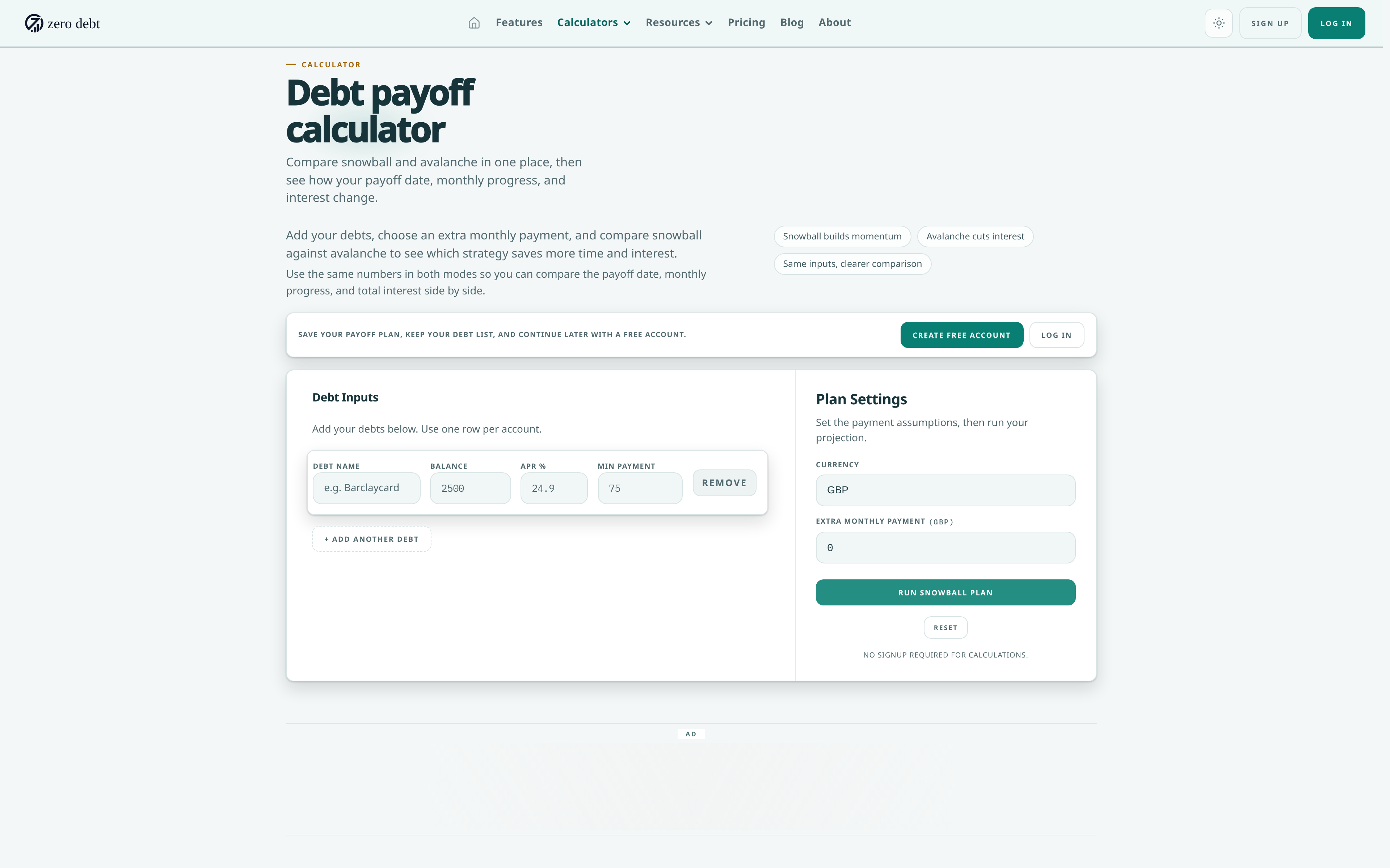 Zero Debt payoff calculator with sample debt accounts and repayment inputs
