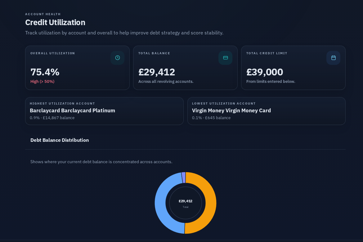 Zero Debt credit and balance health preview showing utilization and account totals