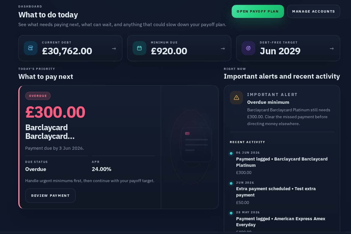 Zero Debt dashboard showing account cards and what to pay next