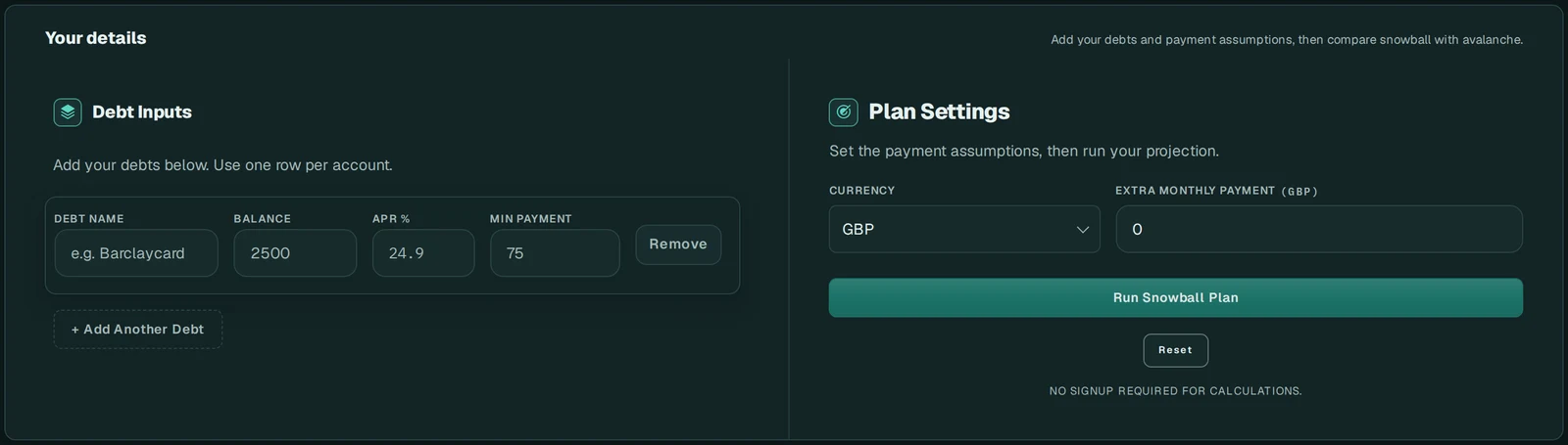 Zero Debt calculator inputs: a debt row with balance, APR and minimum payment, and plan settings