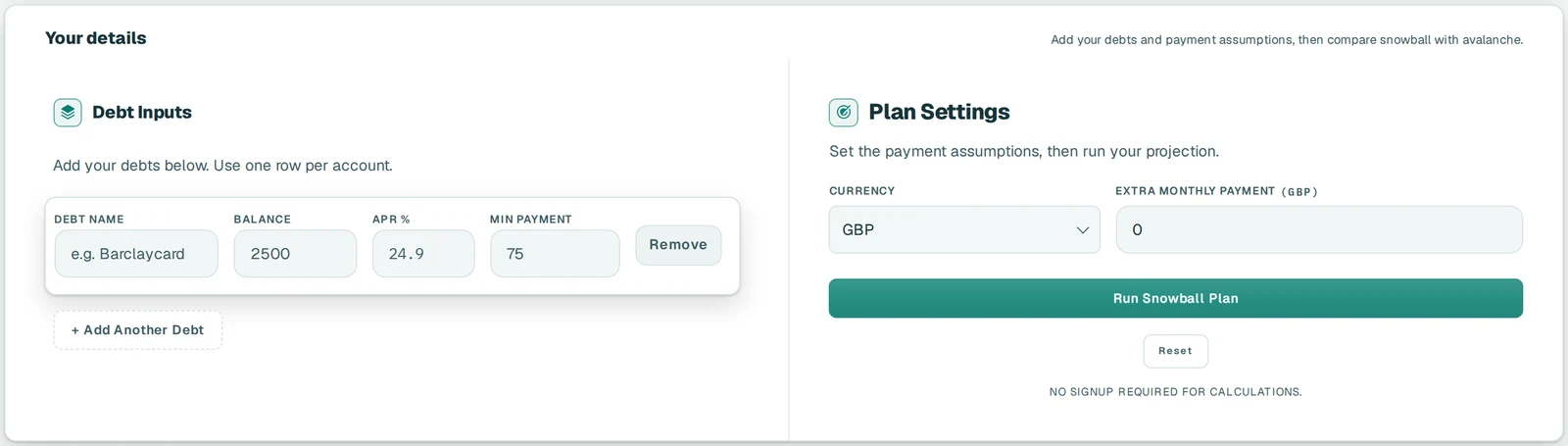 Zero Debt calculator inputs: a debt row with balance, APR and minimum payment, and plan settings