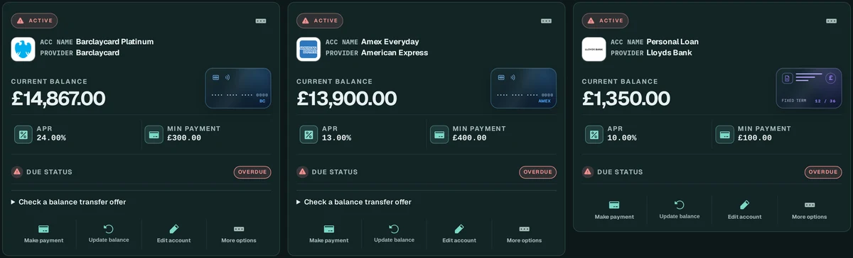 Debt accounts showing each balance, APR, minimum payment and due status
