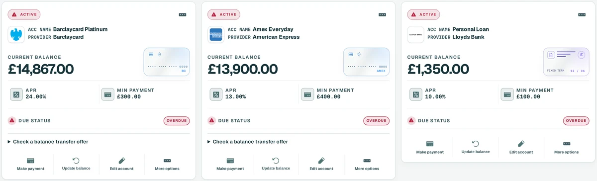 Debt accounts showing each balance, APR, minimum payment and due status