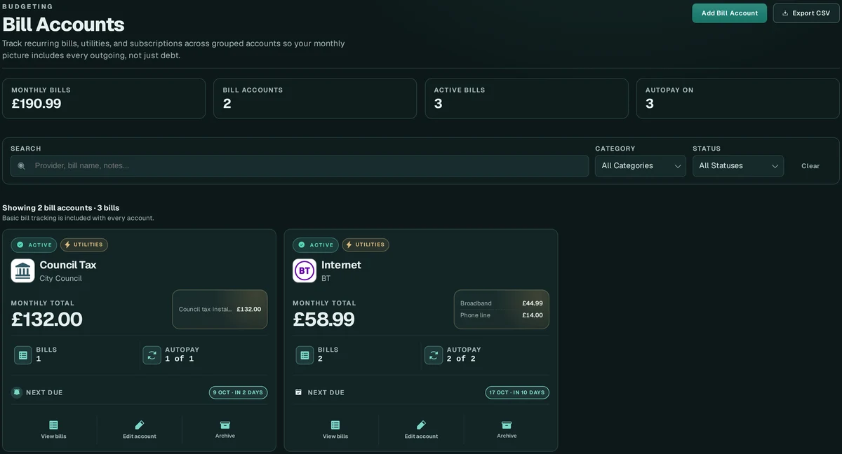 Bill accounts showing monthly bills, active bills and an internet bill