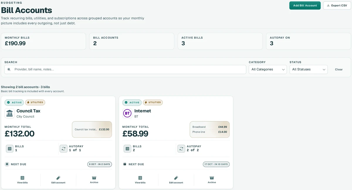Bill accounts showing monthly bills, active bills and an internet bill