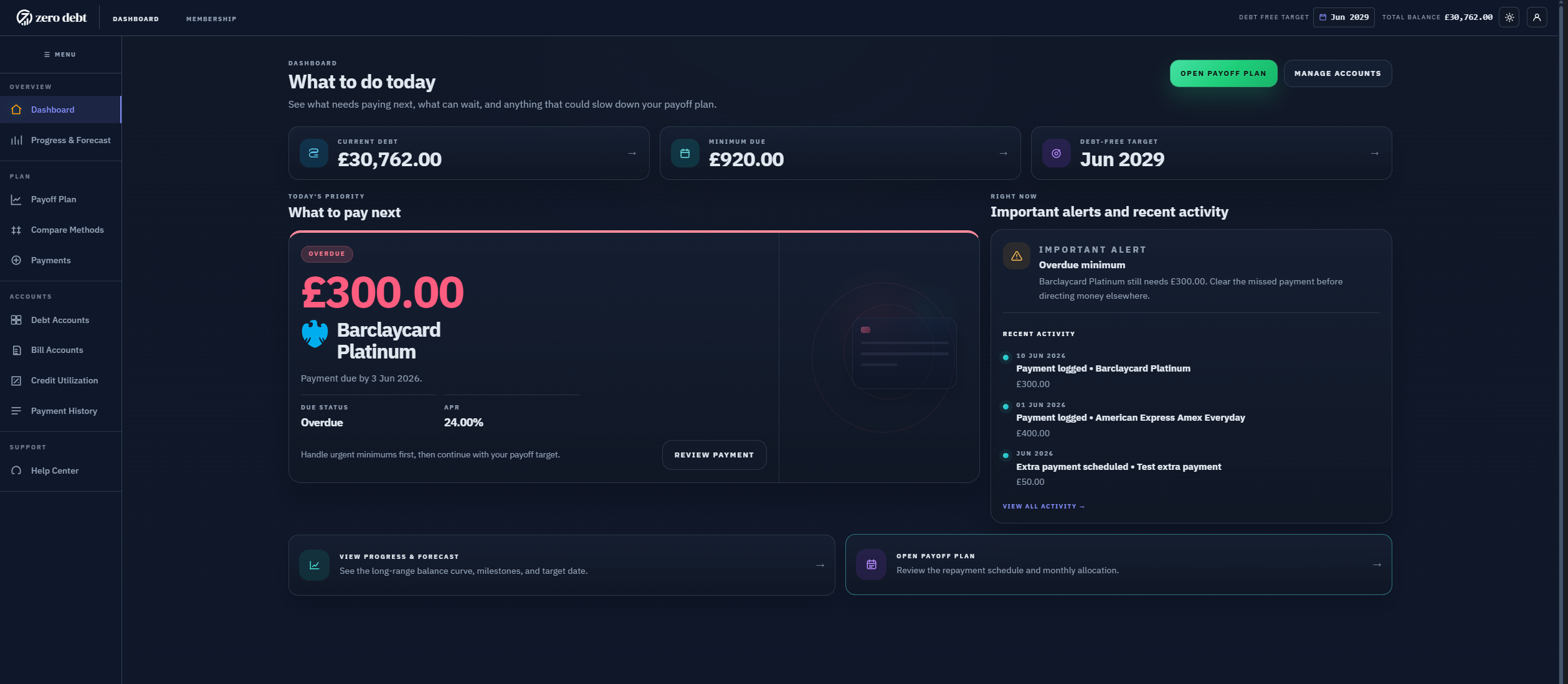 Zero Debt dashboard showing the workspace