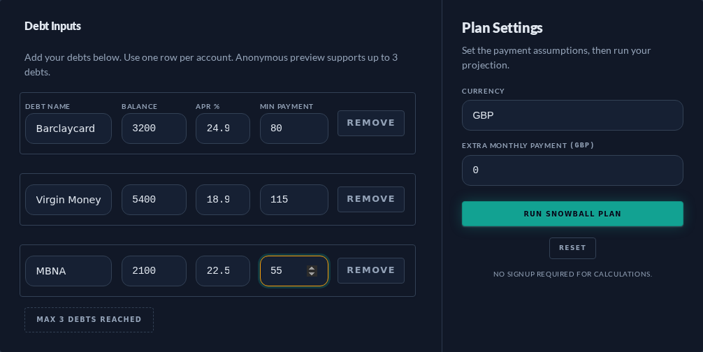 Debt payoff calculator — input form with sample debts